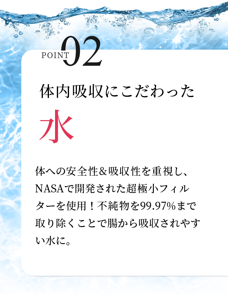 体内吸収にこだわった水のイメージ画像と説明文